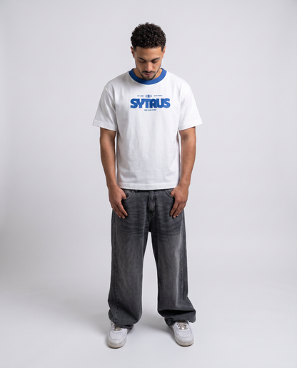 White T-Shirt with Blue Collar